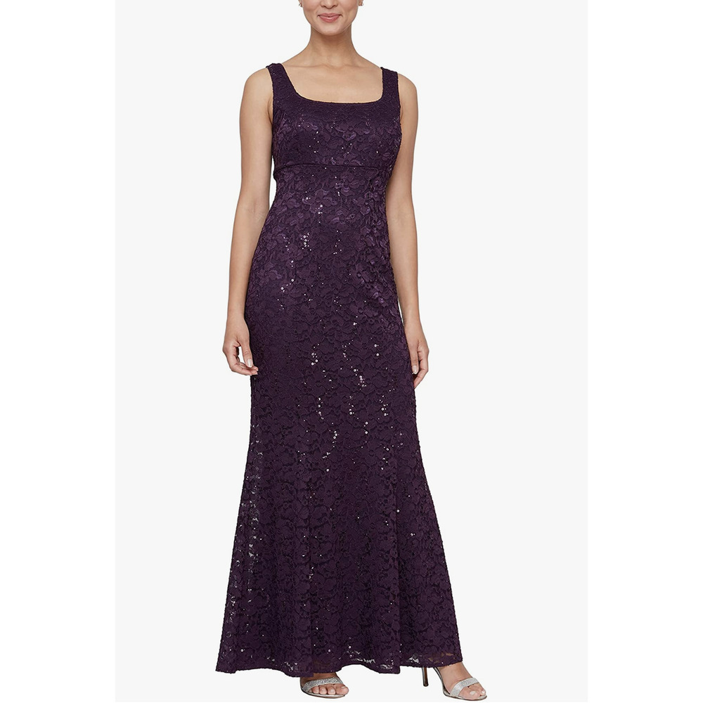 S.L. Fashions Women's Long Sequin Lace Fit and Flare Dress - Picture 1 of 10